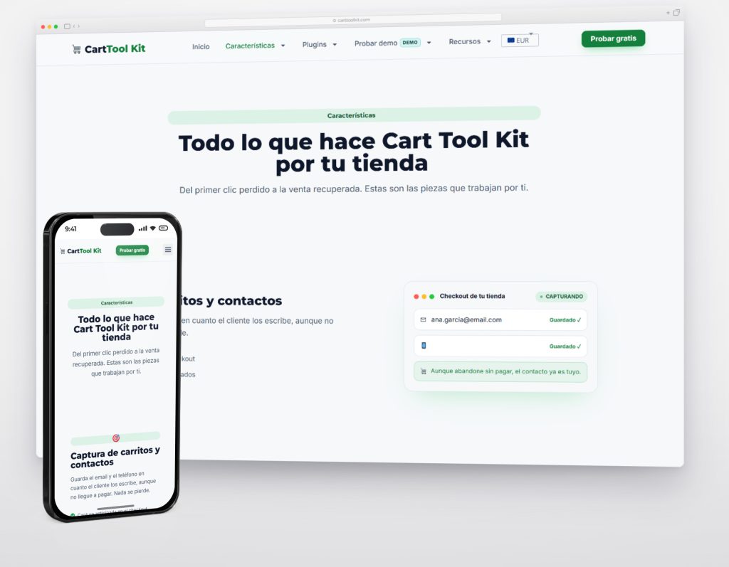 Página de características de carttoolkit.com en escritorio y móvil, con las funciones de cada plugin