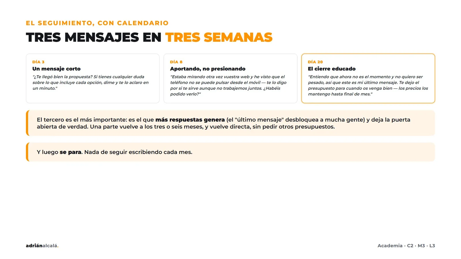 Diapositiva de una lección: tres mensajes de seguimiento en tres semanas