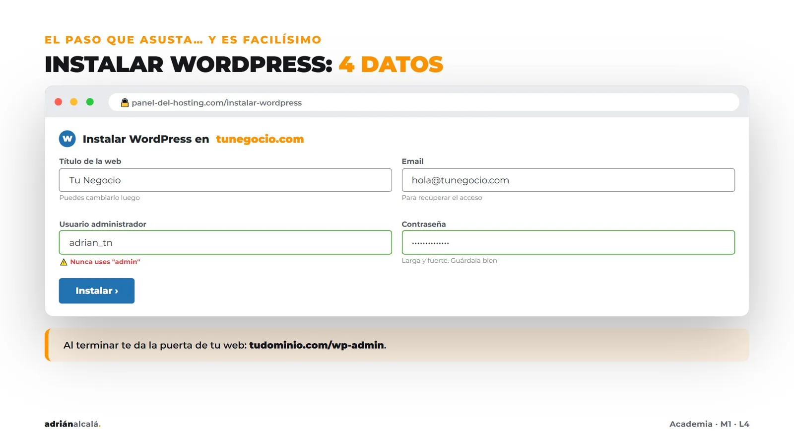 Diapositiva de una lección: instalar WordPress con cuatro datos