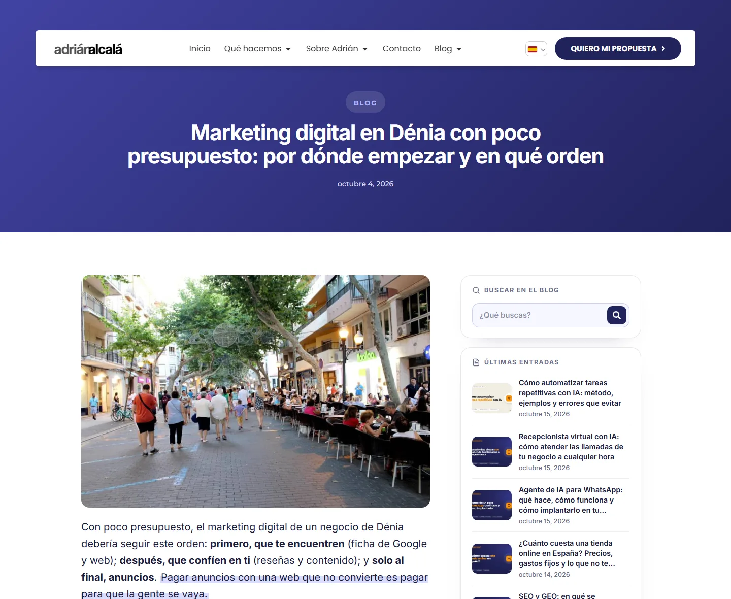 Un artículo del blog sobre marketing digital en Dénia, con su titular, su foto de la zona y la respuesta arriba