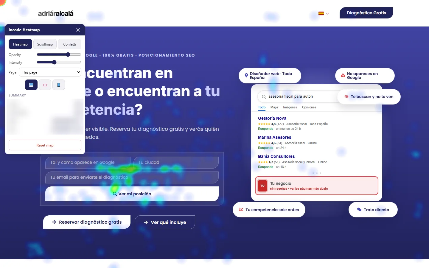 El mapa de calor de una landing: los clics se concentran en el formulario y en el botón