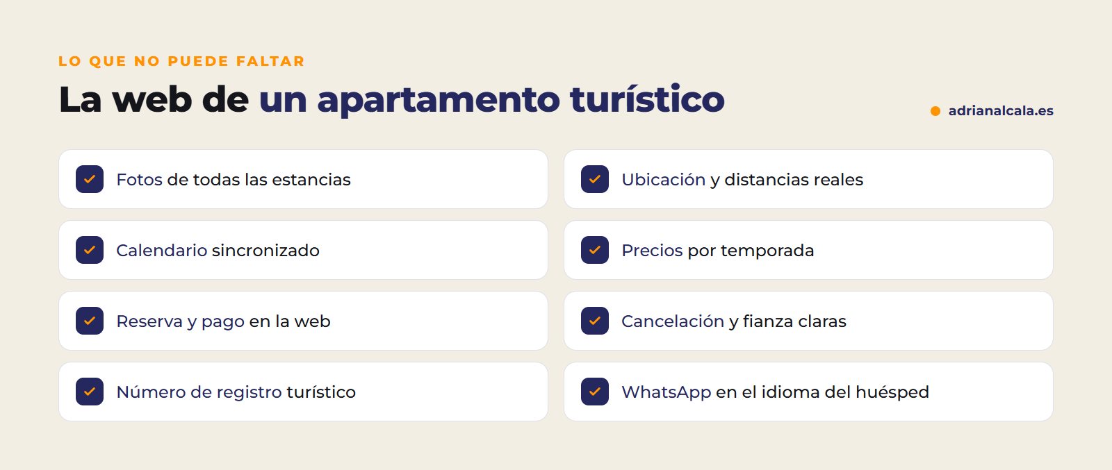 Lo que no puede faltar en la web de un apartamento turístico: fotos, ubicación, calendario, precios, reserva, condiciones, registro y WhatsApp