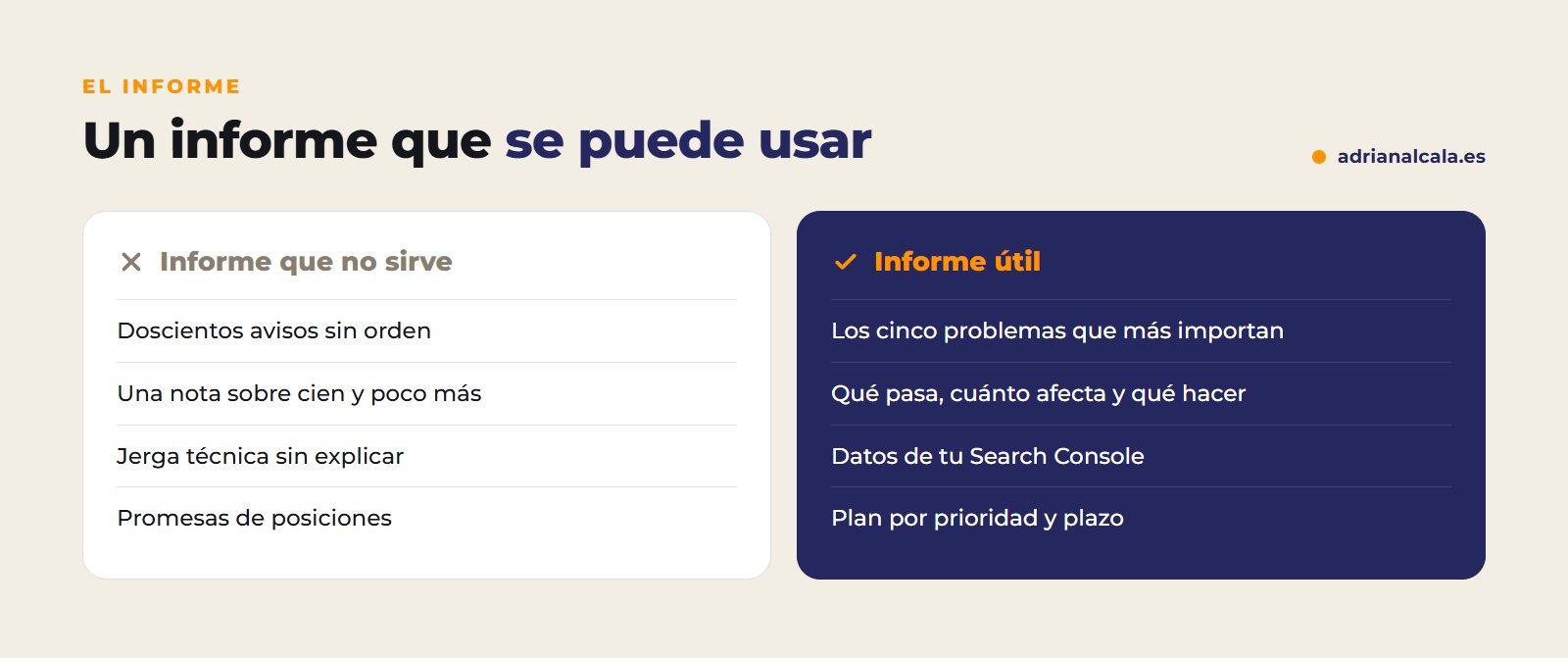 Diferencias entre un informe SEO que no sirve y uno útil: orden, explicación, datos reales y plan