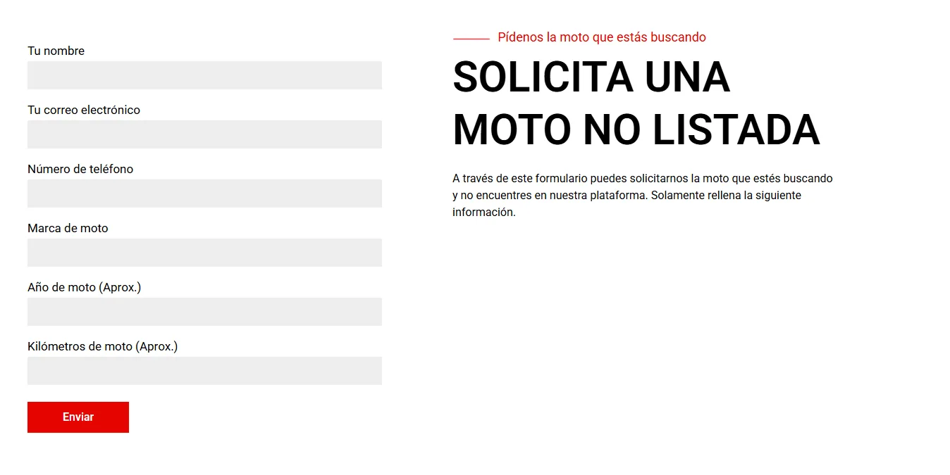 The "Request an unlisted motorcycle" form from the autoconfianza.es contact page