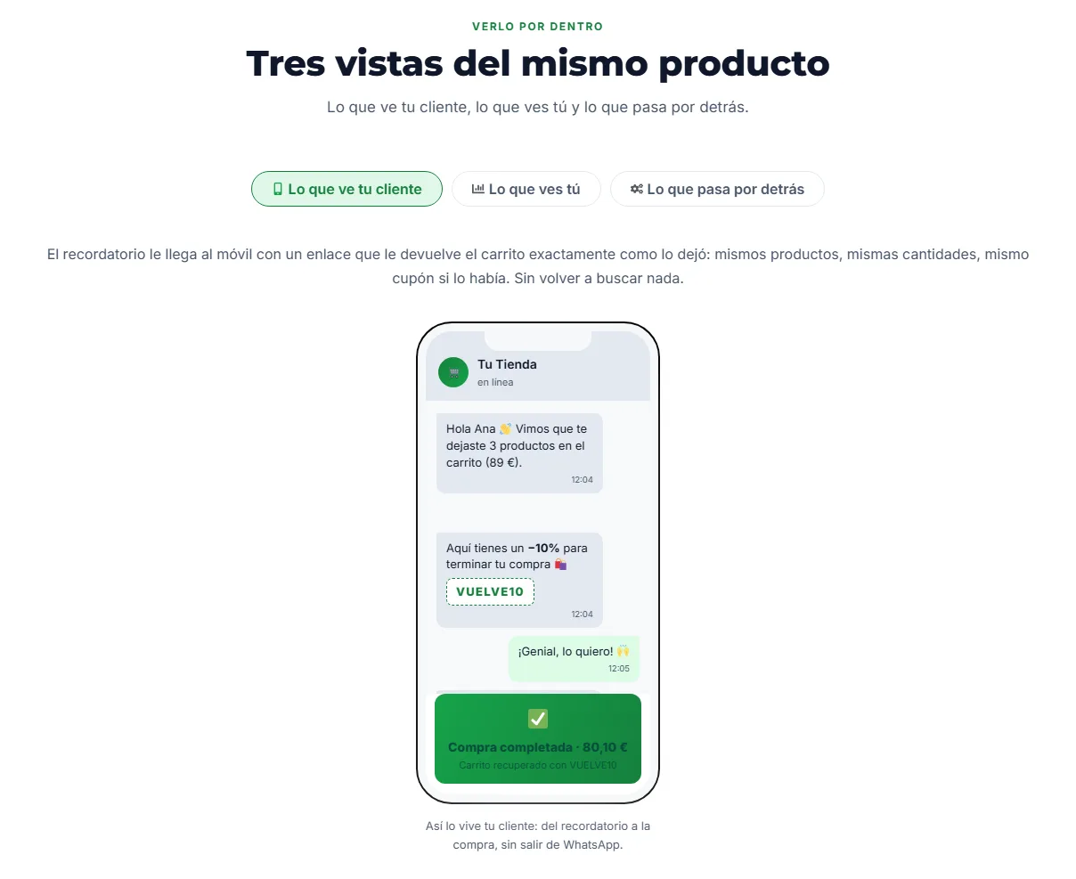 El recordatorio por WhatsApp que recibe el cliente, en la página de Cart Recovery