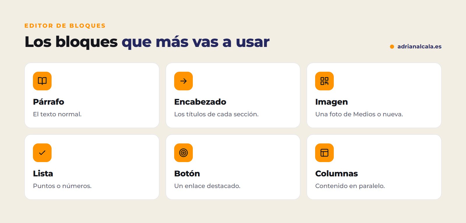Bloques básicos del editor de WordPress: párrafo, encabezado, imagen, lista, botón y columnas