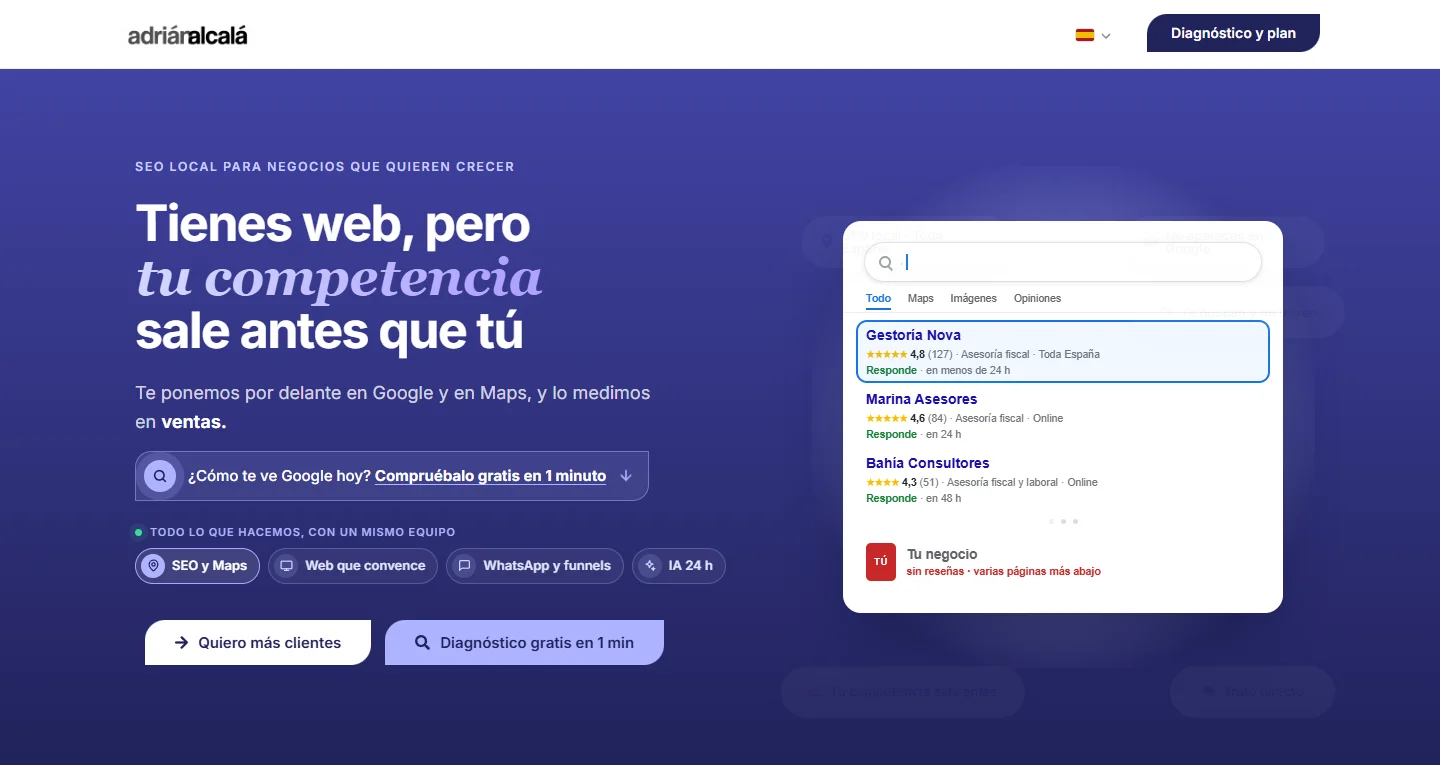 La cabecera y el titular de la landing del diagnóstico, con un solo botón arriba y el acceso al comprobador