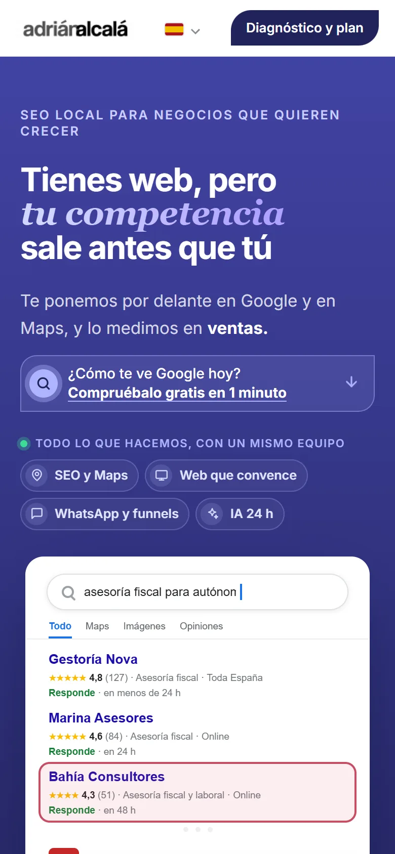 La portada de la landing del diagnóstico en el móvil, con el titular, el acceso al comprobador y lo que hacemos