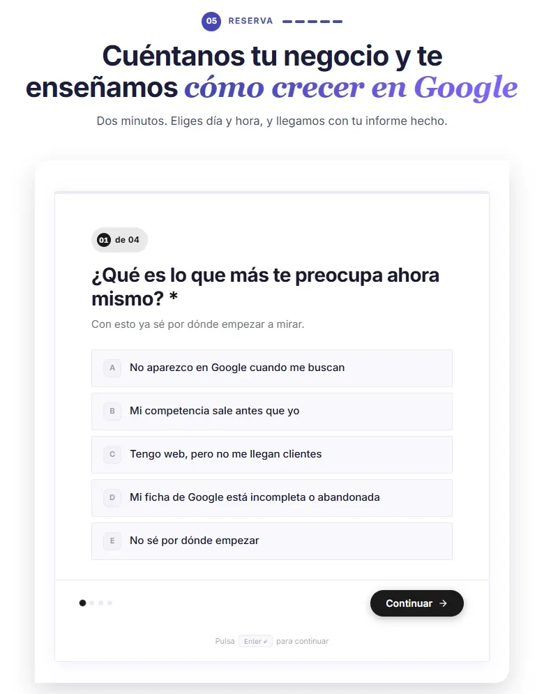 La reserva de la landing: cuatro preguntas cortas antes de elegir día y hora