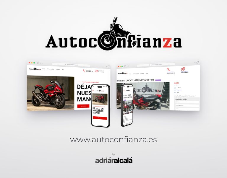 Conception web d'autoconfianza.es : deux écrans de bureau et deux mobiles avec le site web du concessionnaire de motos