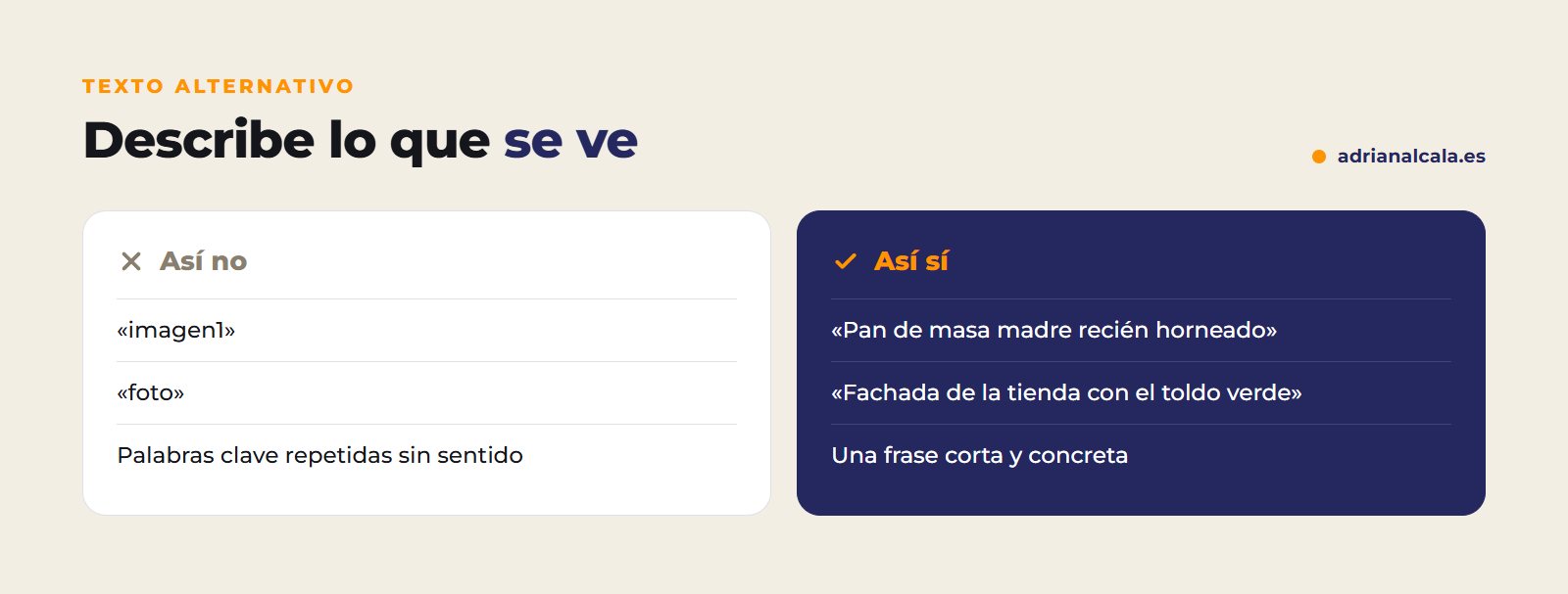 Texto alternativo de una imagen: ejemplos mal escritos y bien escritos
