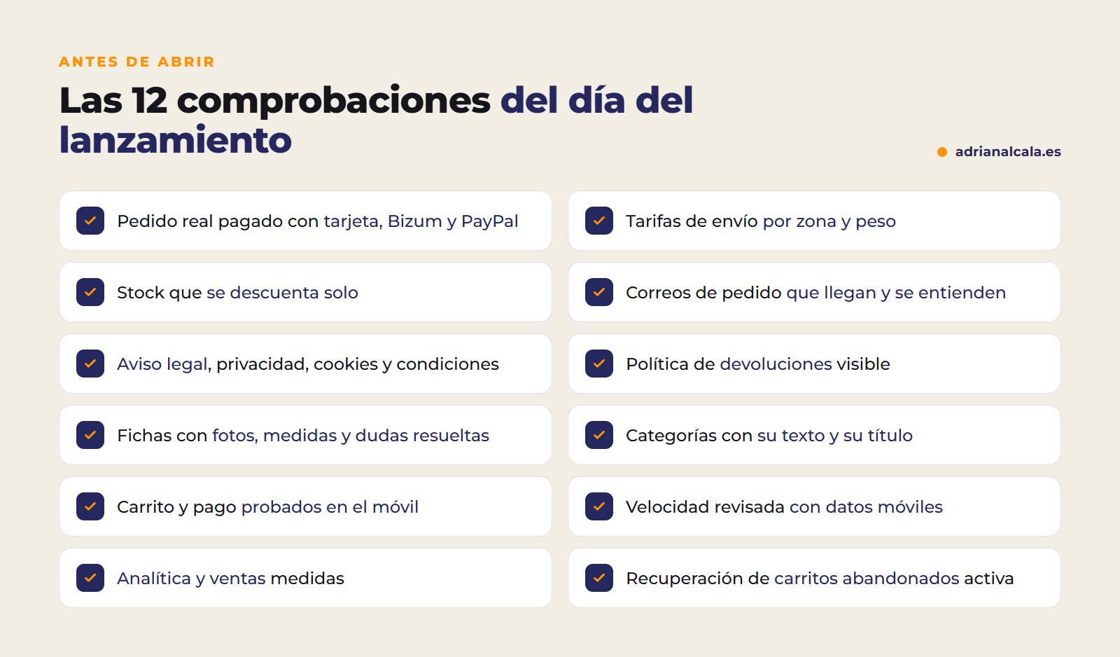 Las doce comprobaciones antes de abrir una tienda online: pagos, envíos, stock, legal, fichas, velocidad y medición
