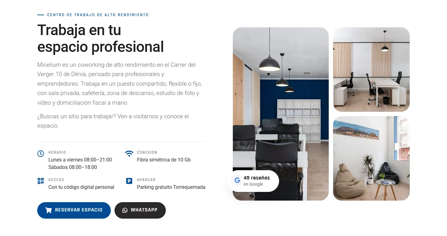 A micelium.es section with the schedule, connection, access and parking visible, Google reviews, and the book and WhatsApp buttons