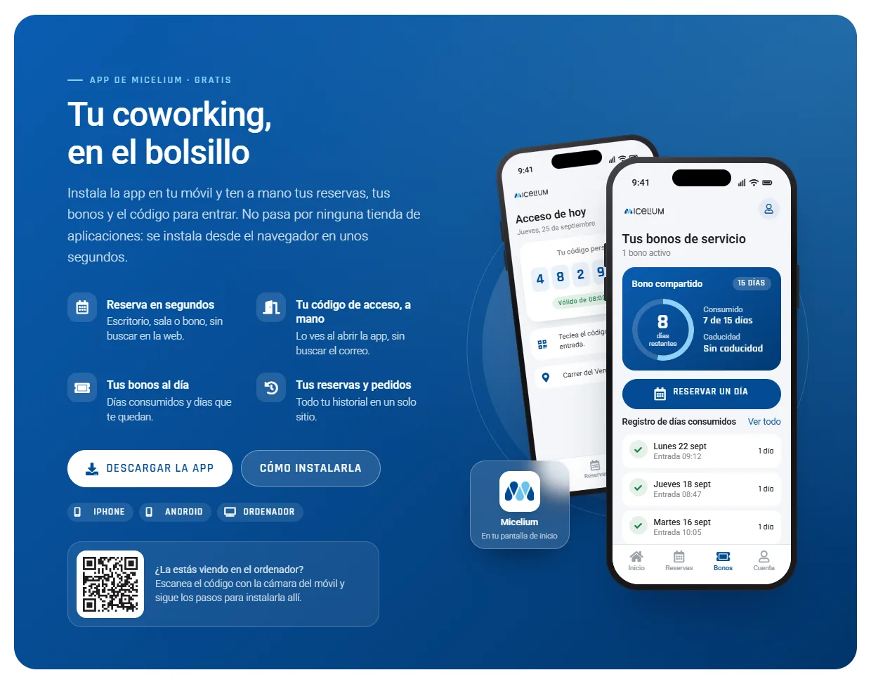 The micelium.es app section: the access code, vouchers, and the button to book a day on mobile