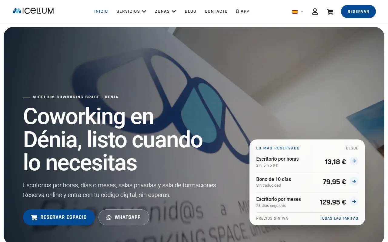 Le début de la page d'accueil de micelium.es défilant seule