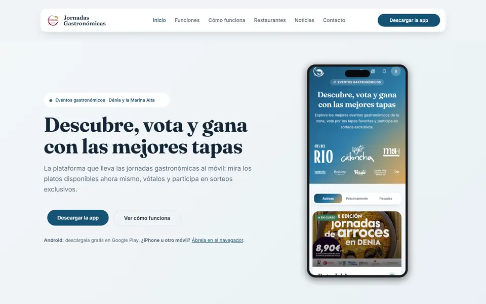 Portada de jornadasgastronomicas.com, con la app en el móvil