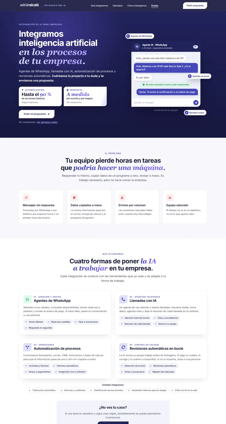 La landing de integración de IA para empresas, la que recibe a quien pulsa el anuncio