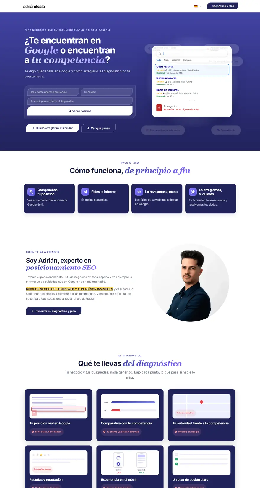 La landing del diagnóstico gratis de visibilidad en Google, de arriba abajo