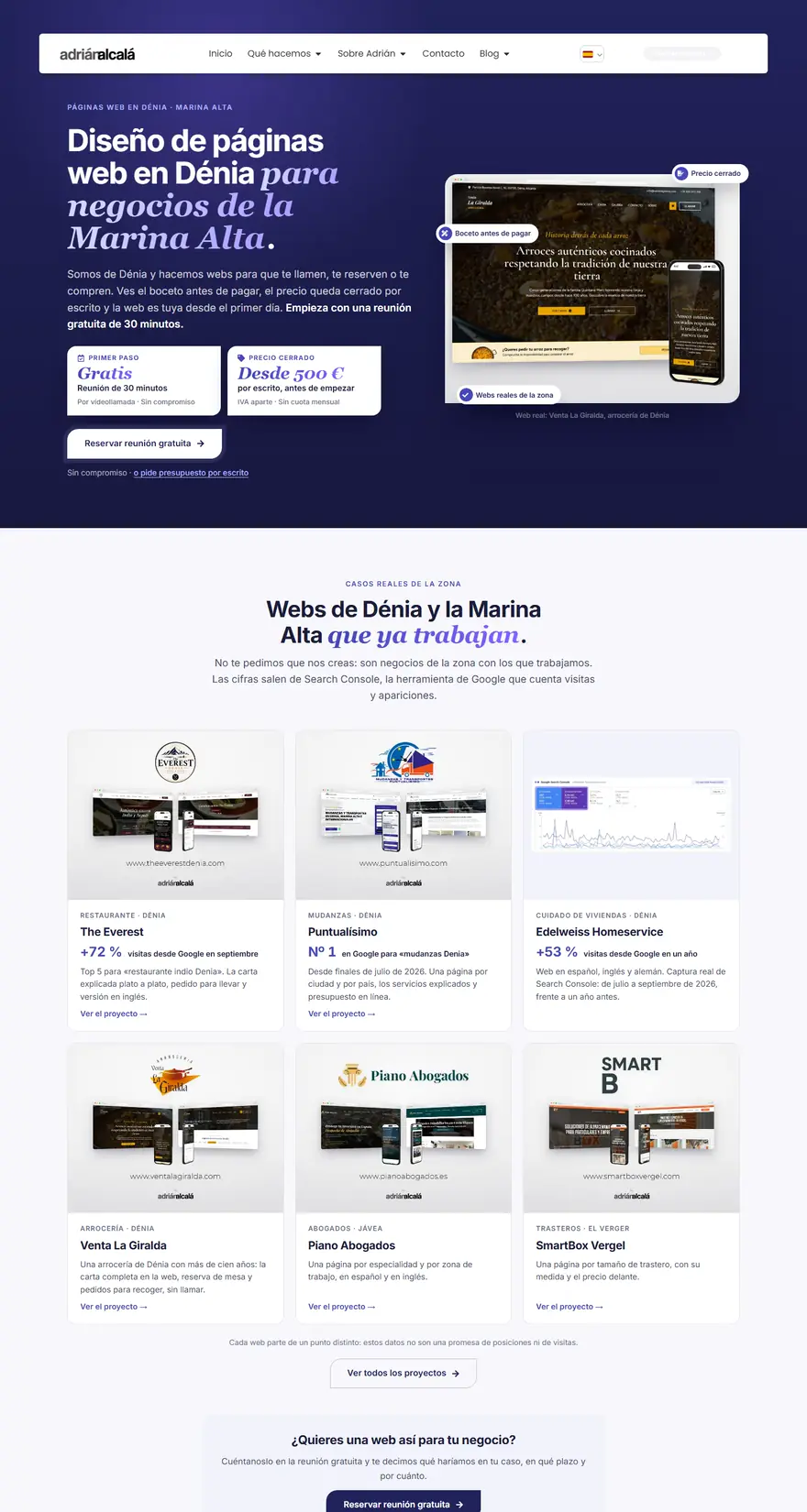 La página de diseño web en Dénia de adrianalcala.es, de arriba abajo