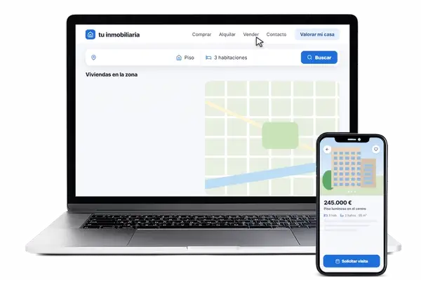 Portal inmobiliario en portátil y móvil: búsqueda con mapa, ficha de la vivienda y visita solicitada
