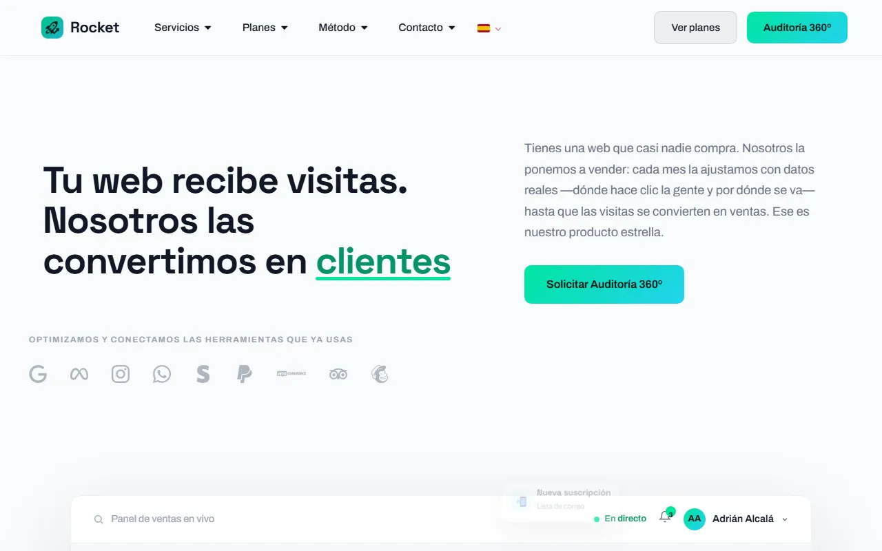El principio de la portada de rocketbussines.com bajando sola