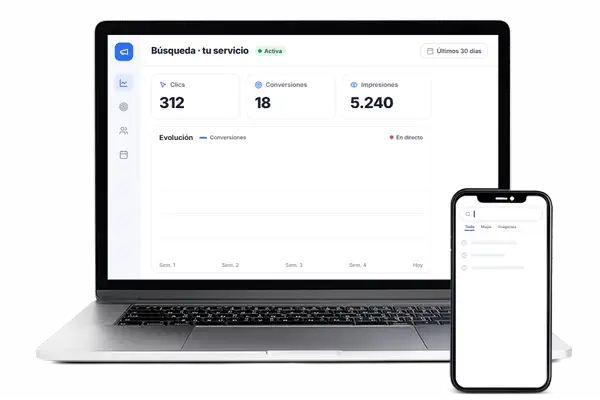 Panel de una campaña de Google Ads que suma una conversión y el anuncio en el móvil con la llamada