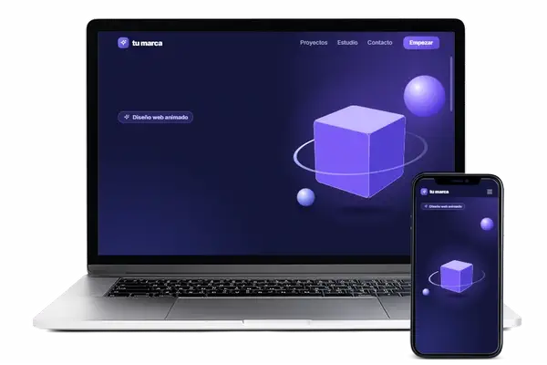 Una web animada con formas en 3D y textos que aparecen al bajar, en portátil y móvil