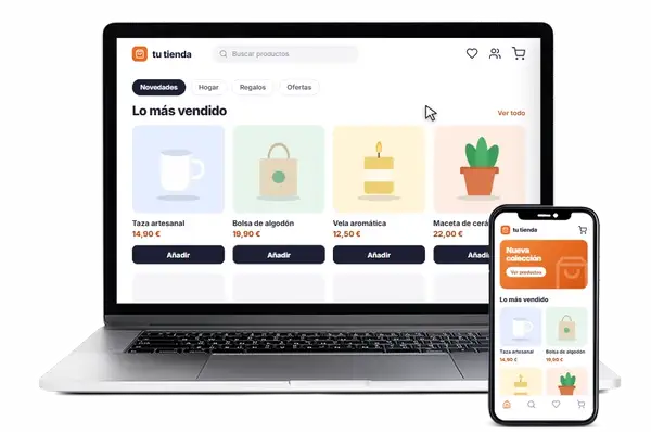 Tienda online en portátil y móvil: el cliente añade a la cesta, paga y el pedido te llega al móvil