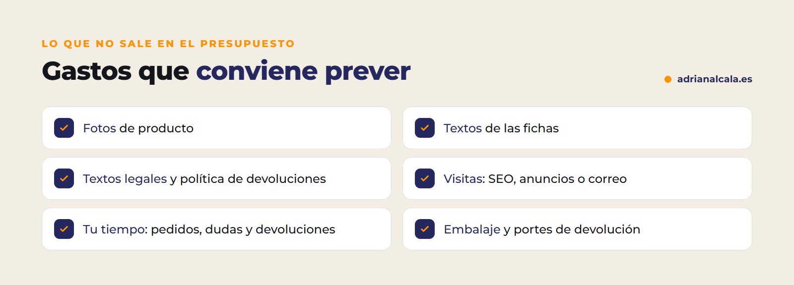 Gastos de una tienda online que no salen en el presupuesto: fotos, textos, legales, visitas, tiempo y extensiones
