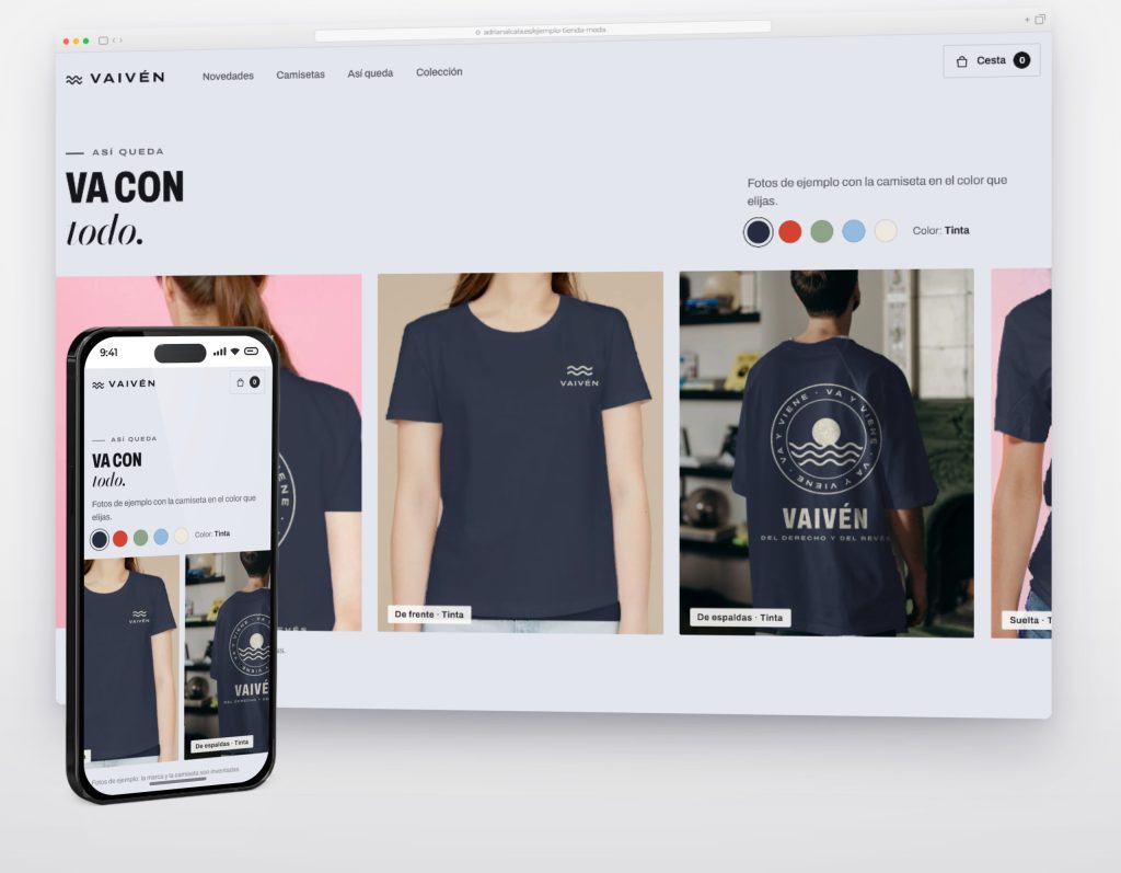 Sección «Va con todo» de la tienda de ejemplo Vaivén, con fotos de la camiseta puesta