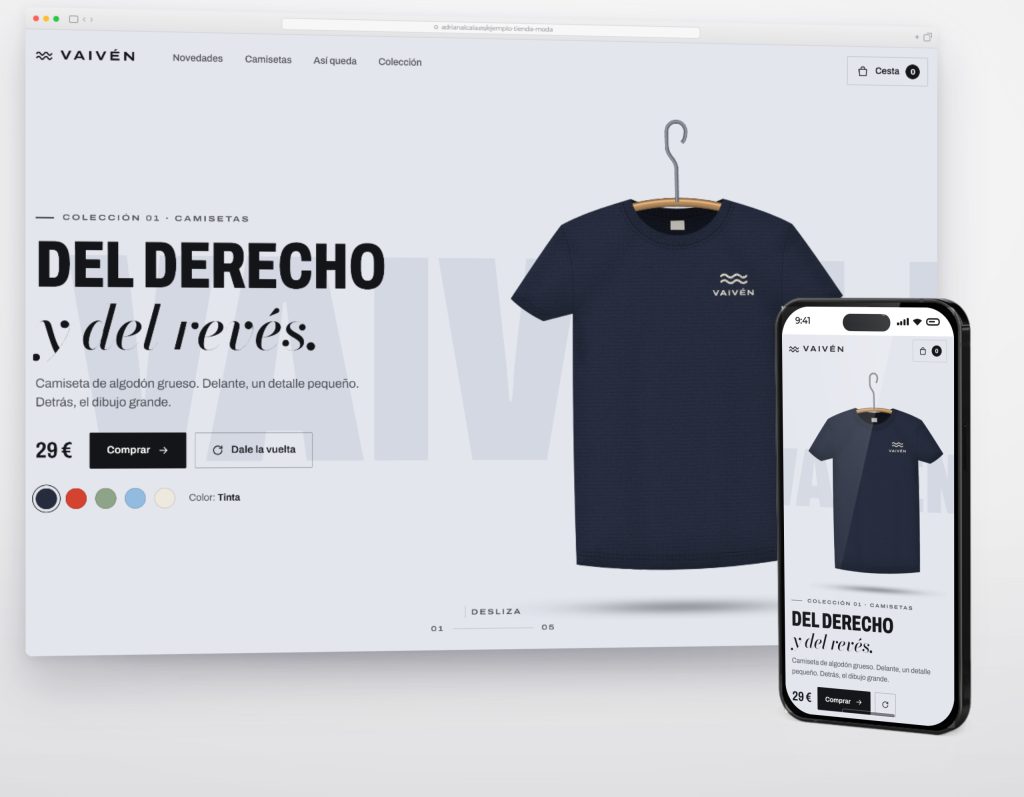 Inicio de la tienda de ejemplo Vaivén en escritorio y móvil, con la camiseta en su percha