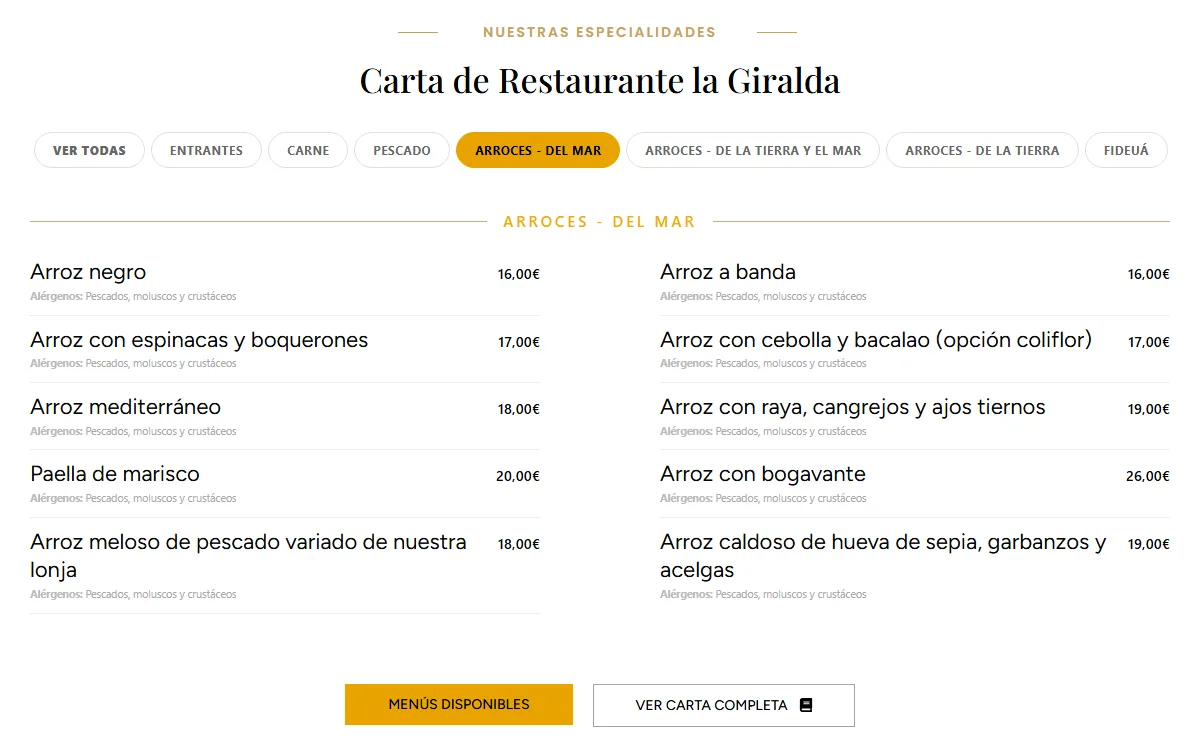 La carta de ventalagiralda.com con sus pestañas por secciones