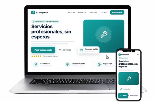 Web corporativa en portátil y móvil: el cliente pide presupuesto y la consulta te llega al móvil