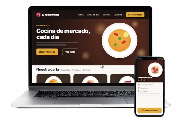 Web de restaurante en portátil y móvil: carta online y reserva de mesa desde el móvil