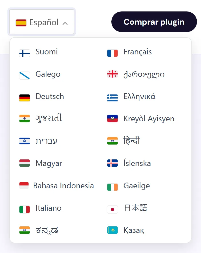 El selector de idioma de wptranslate.es abierto, con la lista de idiomas
