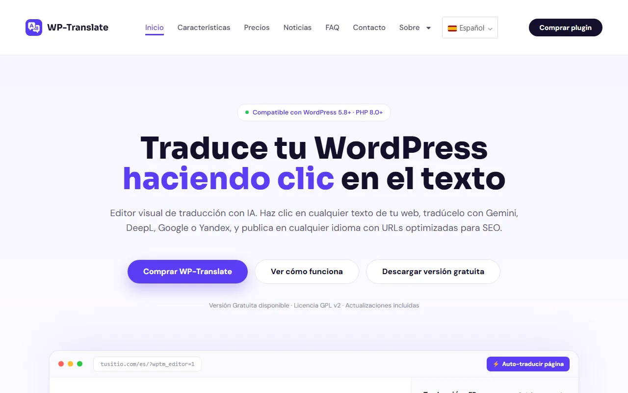 El principio de la portada de wptranslate.es bajando sola