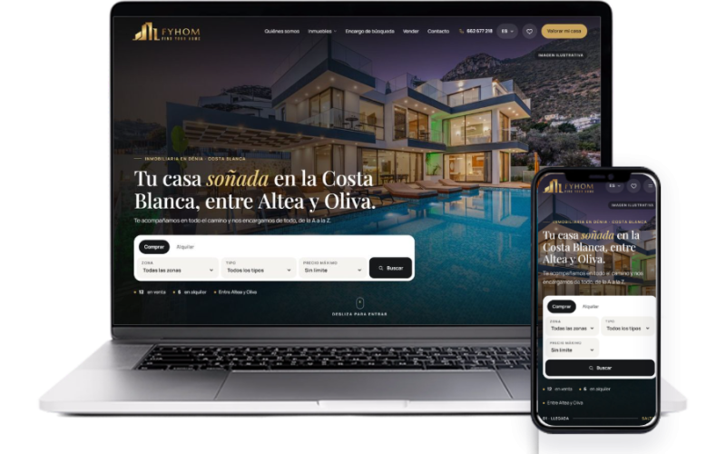 Portátil y móvil con una página web animada