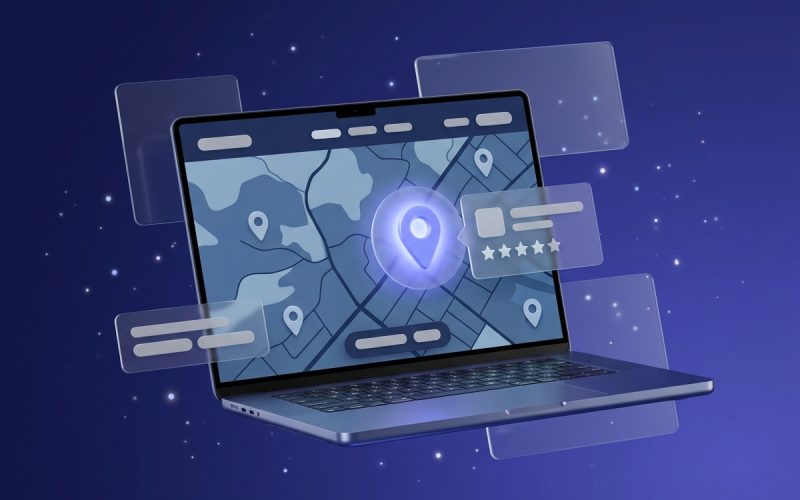 Portátil con mapa local y ficha de negocio destacada