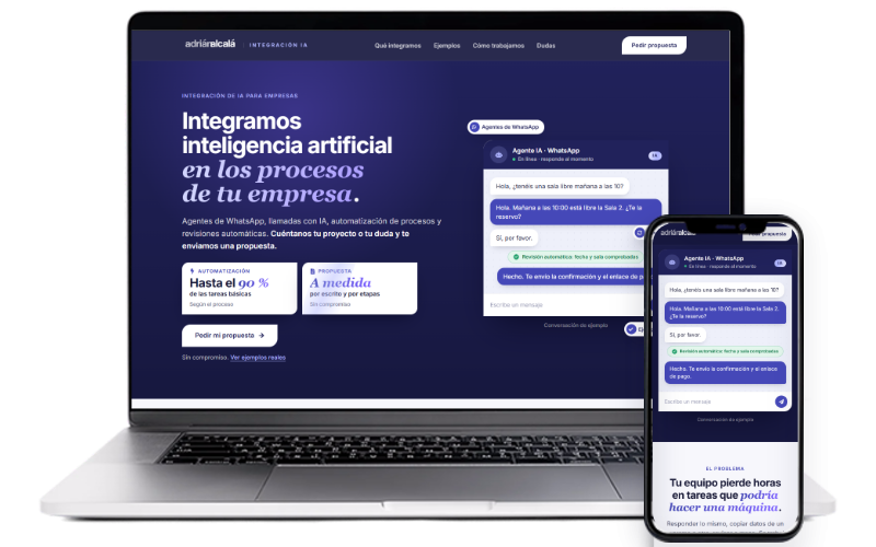 Portátil y móvil con la página de integración de IA para empresas
